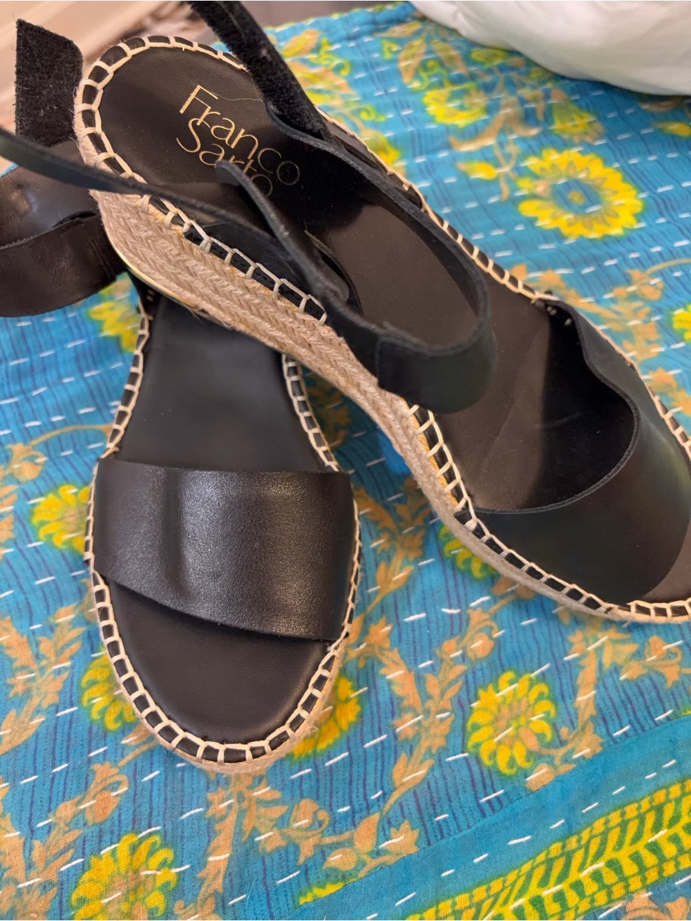 Black leather Franco Sarto Clemens wedge espadrille sandals - size 9 - Picture 2 of 6